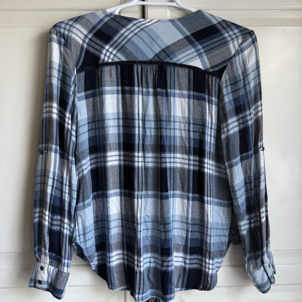Knox Rose Flannel Top Blouse Womens Large Blue Plaid Tie Front Comfy Cozy‎ - Picture 2 of 8